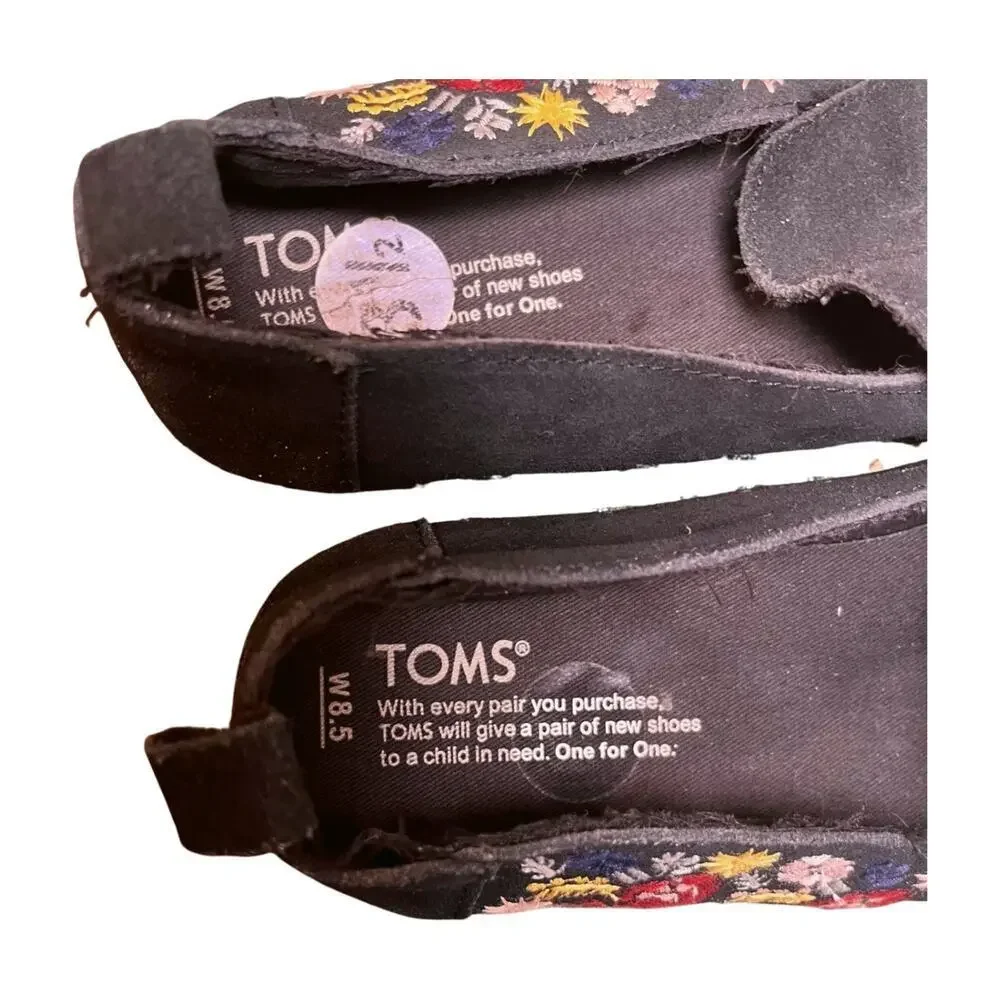 TOMS Alpargata Black Suede Floral Embroidered Slip On Flats Size 8.5 Boho